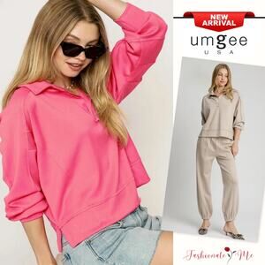 Umgee Collared Neck Long Sleeves Raw Hem Details Side Slit Sweatshirt | Hot Pink
